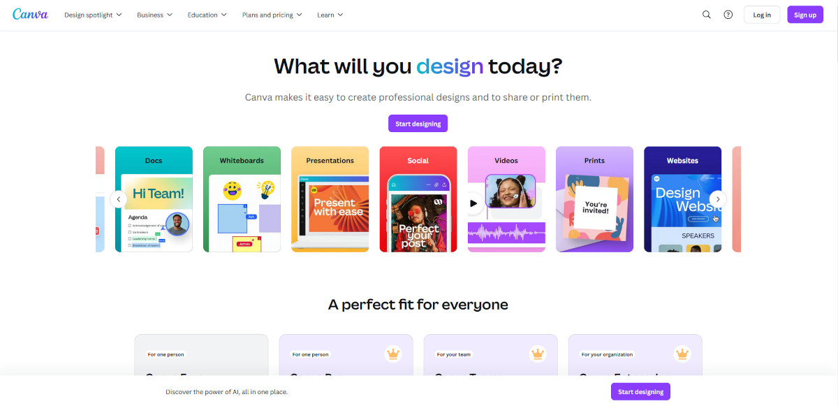 Canva homepage with image of various design projects like presentation, videos, website, etc.