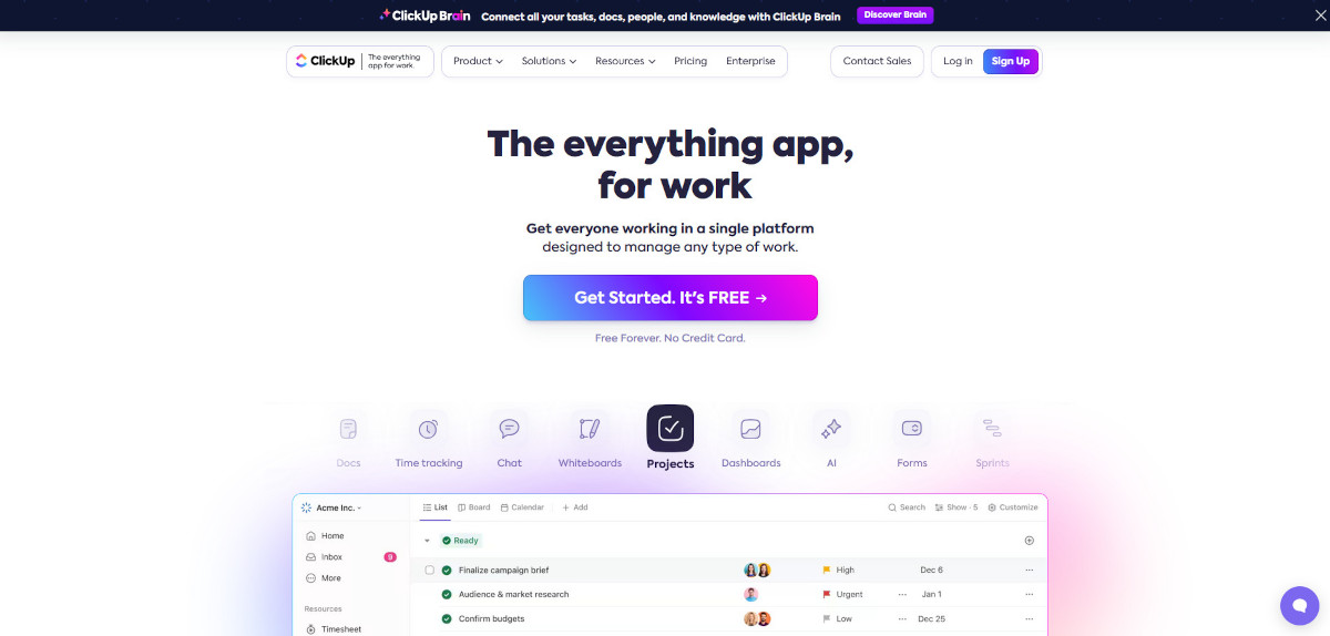ClickUp's homepage detailing the app's functions like project management, time tracking, etc.
