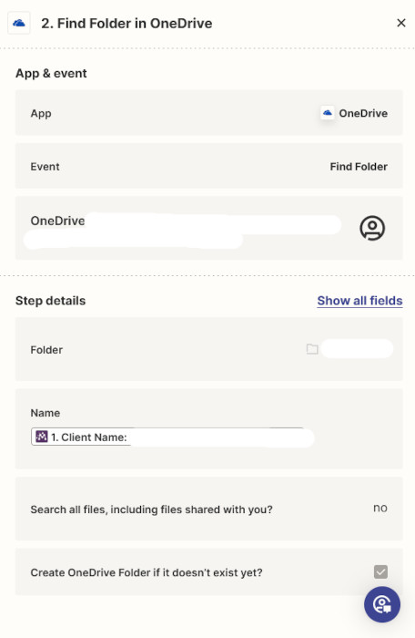 Screenshot showing details of Zapier automation to find and set up a client folder in OneDrive