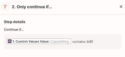 Detail of the Zapier filter that ensures project folders are only set up for certain project types (e.g., editing and proofreading).