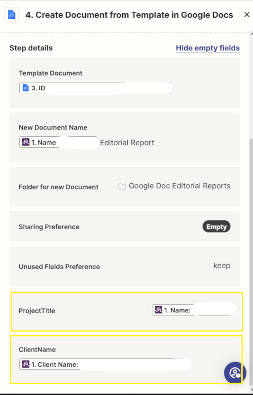 Screenshot showing details of automation to find and set up a draft client editorial report using a Google Doc template.