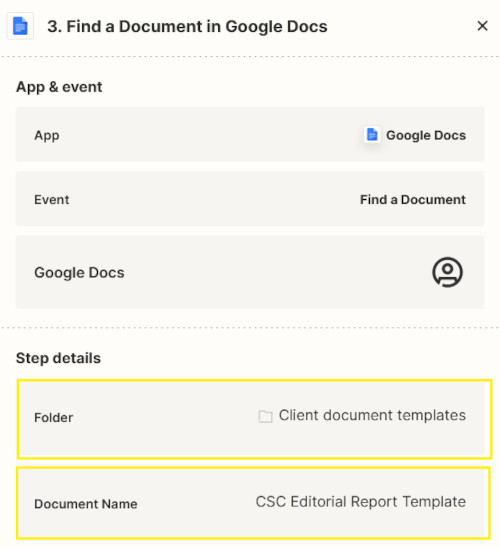 Screenshot showing details of Zapier automation used to find the editorial report Google Doc template on Google Drive.