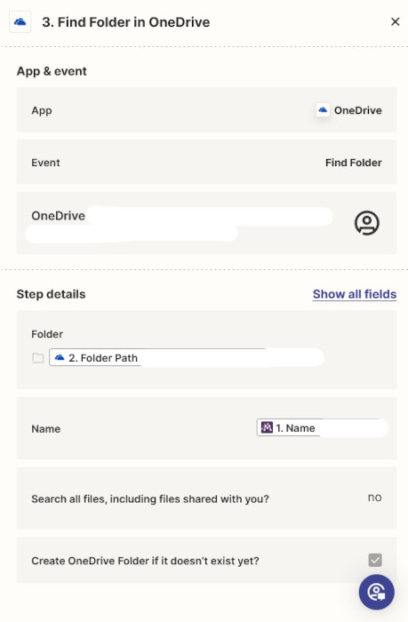 Screenshot showing details of Zapier automation to find and set up a project folder in OneDrive