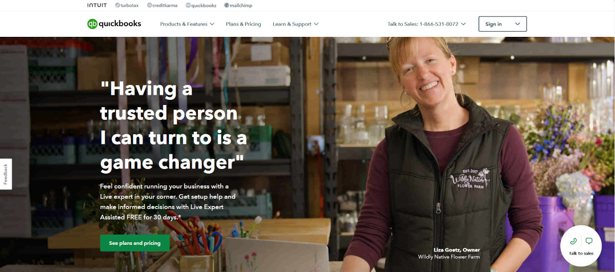 Quickbooks homepage with an image of a woman standing in her flowershop