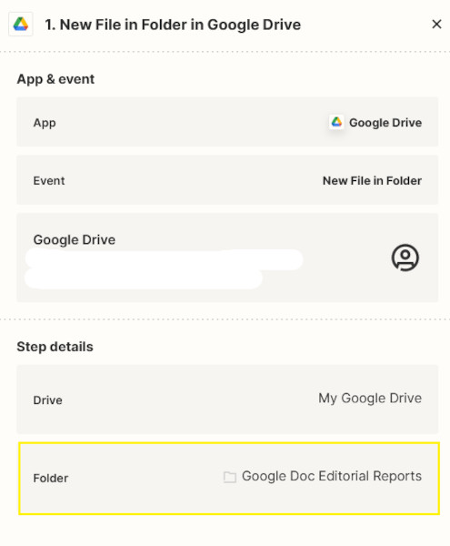 Screenshot showing details of workflow to save a draft editorial report as a Google Doc in Google Drive