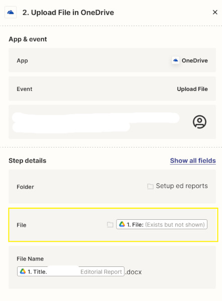 Screenshot showing details of workflow to convert a Google Doc to a Word Doc and save it to OneDrive