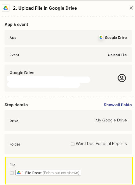 Screenshot of details from Zapier showing the trigger for converting a Google Doc into a Word Doc