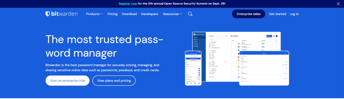 Bitwarden's homepage showing its product with the words "the most trusted password manager"