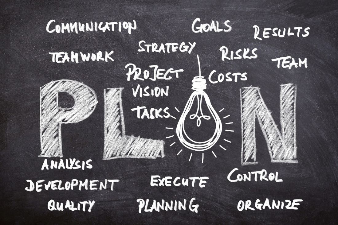 Graphic with the word "plan" written in chalk in all caps. The "A" has been replaced with a single light bulb. Other words written in chalk around it include "strategy," "communication," "team," and "analysis."