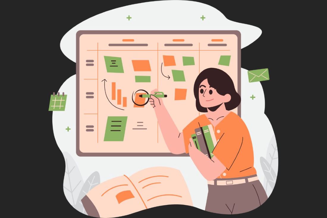 Vector graphic of a woman holding books standing in front of a whiteboard with Post-It notes in three columns. She's planning involved in strategic planning.