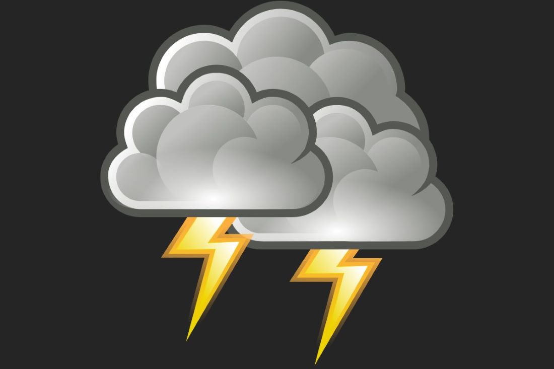 Vector graphic of a gray thundercloud with two lightning bolts coming from the bottom.