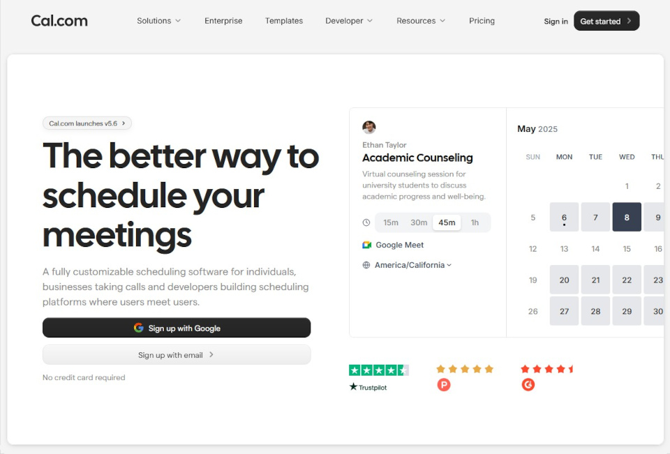Online calendar with available dates to choose from. Text reads "The better way to schedule your meetings."
