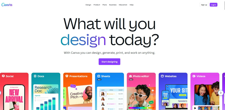 Colorful blocks detail types of work you can do with Canva (e.g., social, docs, presentations, etc.) while the text above them reads, "What will you design today?"