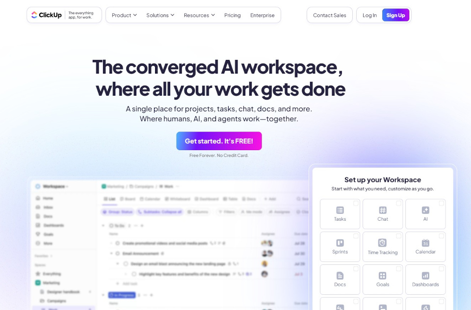 Clickup homepage with blurry background of a project list as well as a checklist to help you set up your workspace. Text reads, "The converged AI workspace, where all your work gets done."