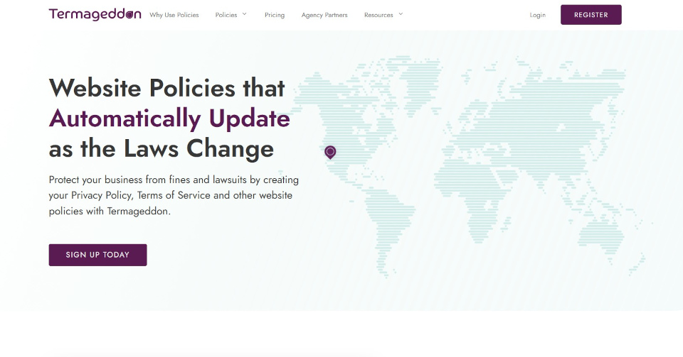 Termageddon homepage showing a map of the world and text saying, "Website policies that automatically update as the laws change."